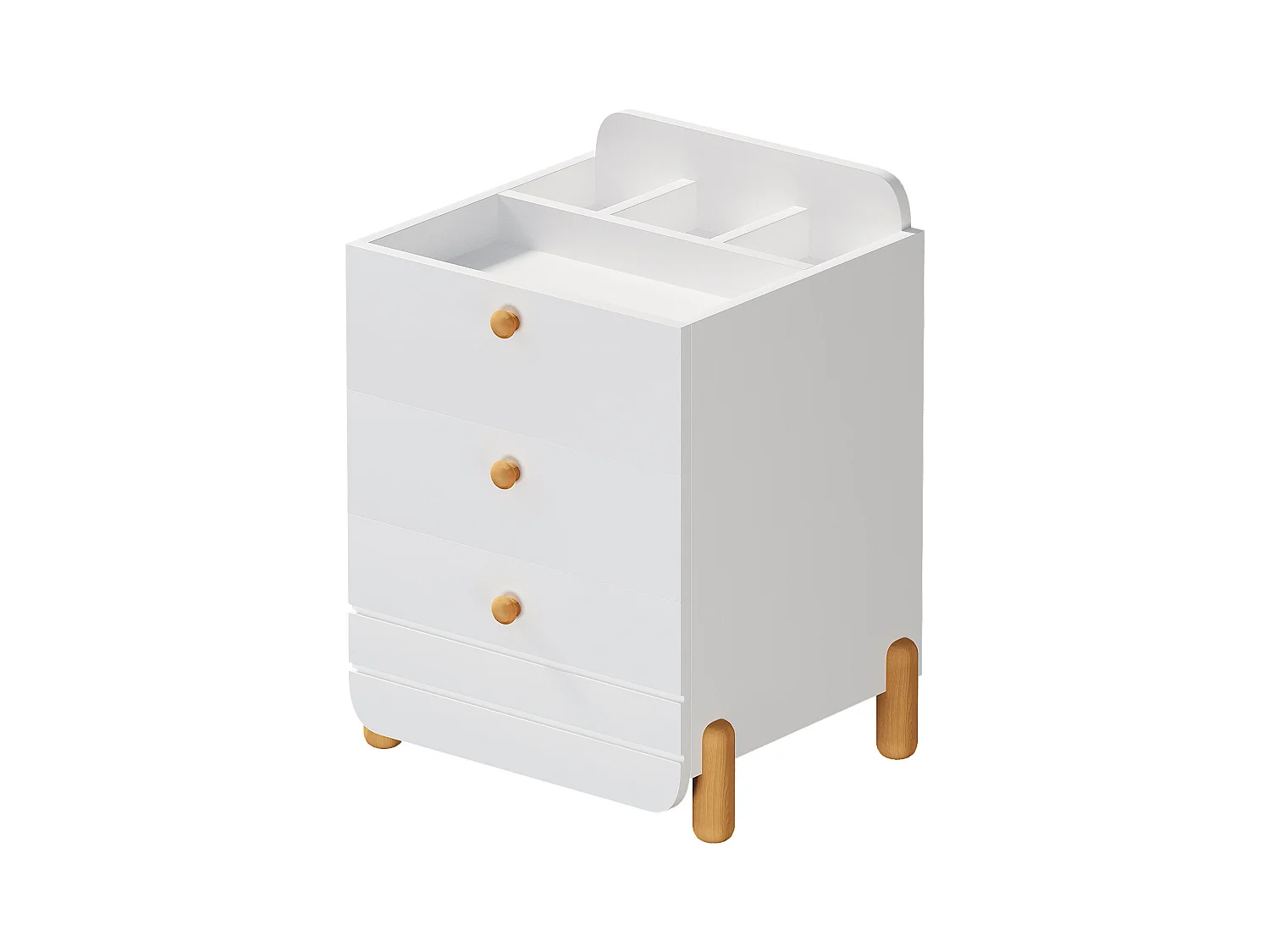 Table de chevet 3 tiroirs, design silencieux, pieds couleur bois, rangement, MDF, blanc (64x40x83cm)