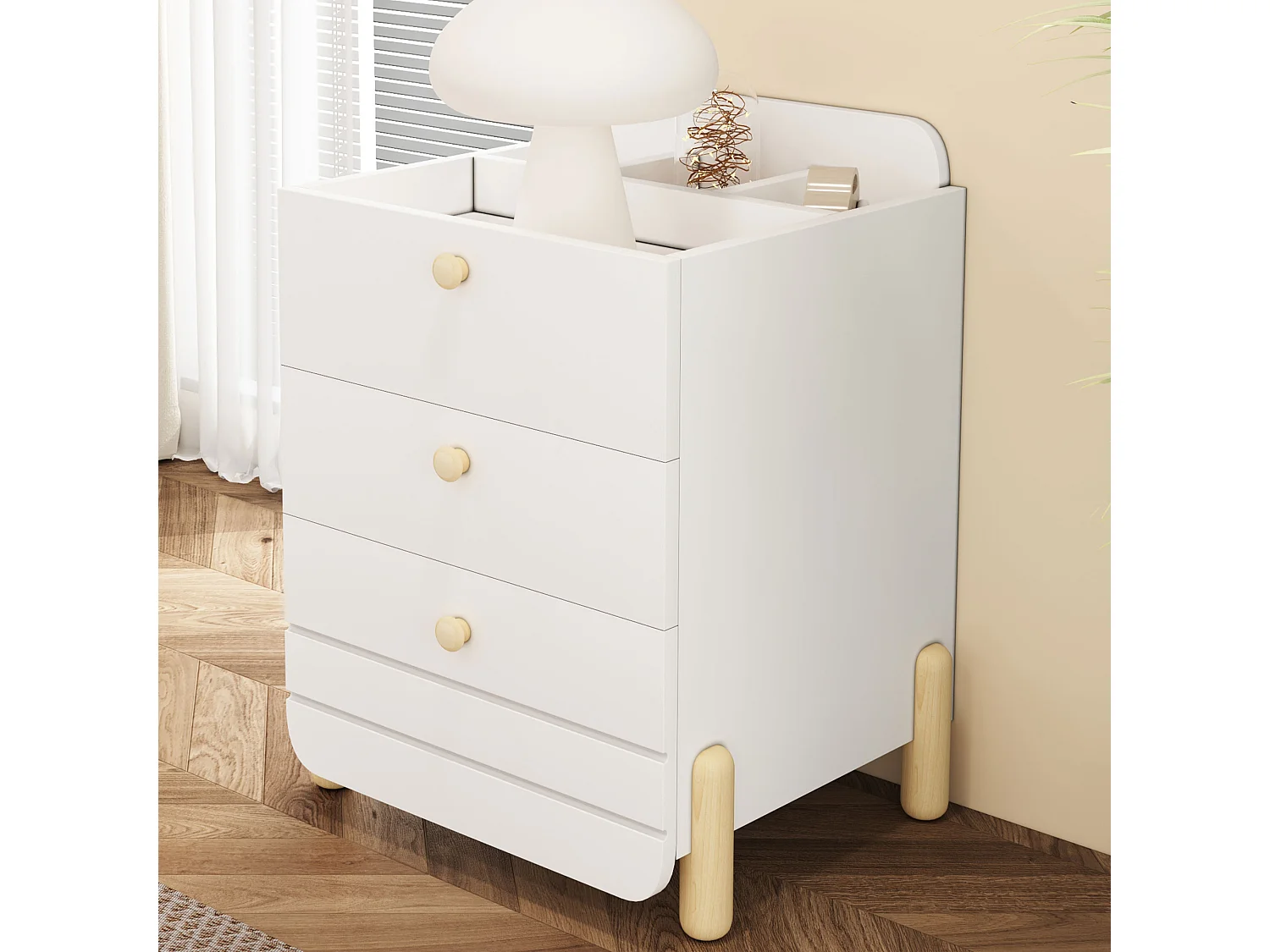 Table de chevet 3 tiroirs, design silencieux, pieds couleur bois, rangement, MDF, blanc (64x40x83cm)