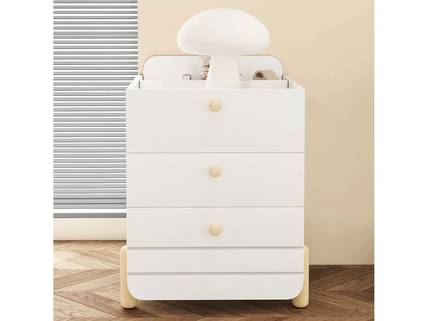 Table de chevet 3 tiroirs, design silencieux, pieds couleur bois, rangement, MDF, blanc (64x40x83cm)