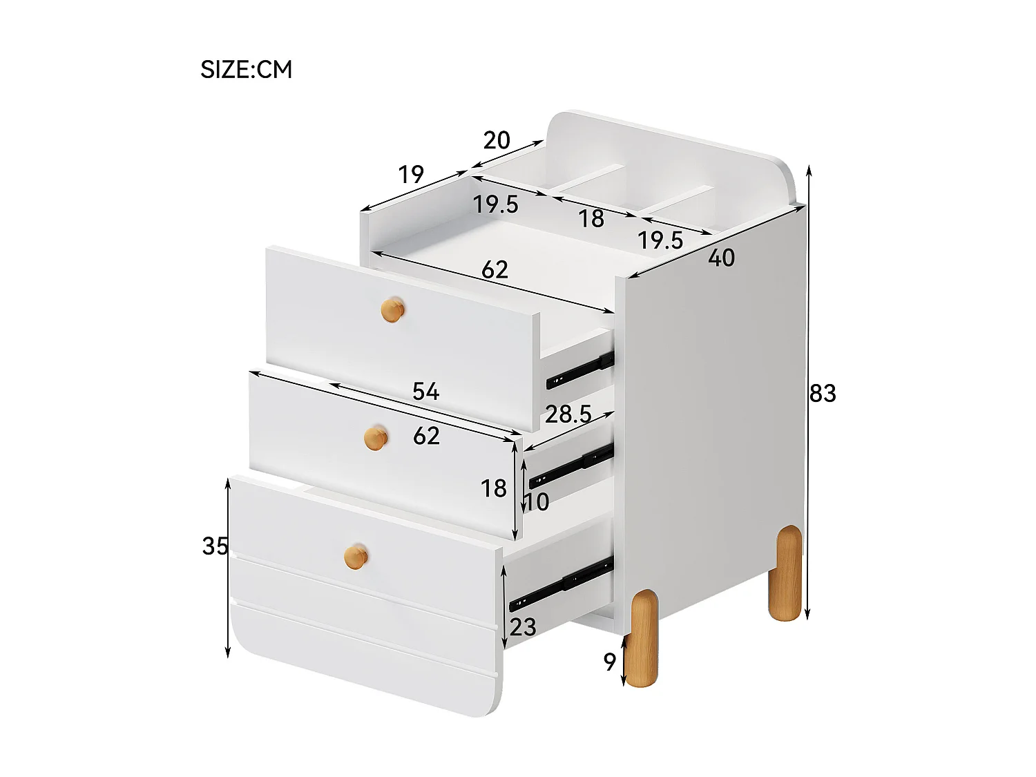 Table de chevet 3 tiroirs, design silencieux, pieds couleur bois, rangement, MDF, blanc (64x40x83cm)