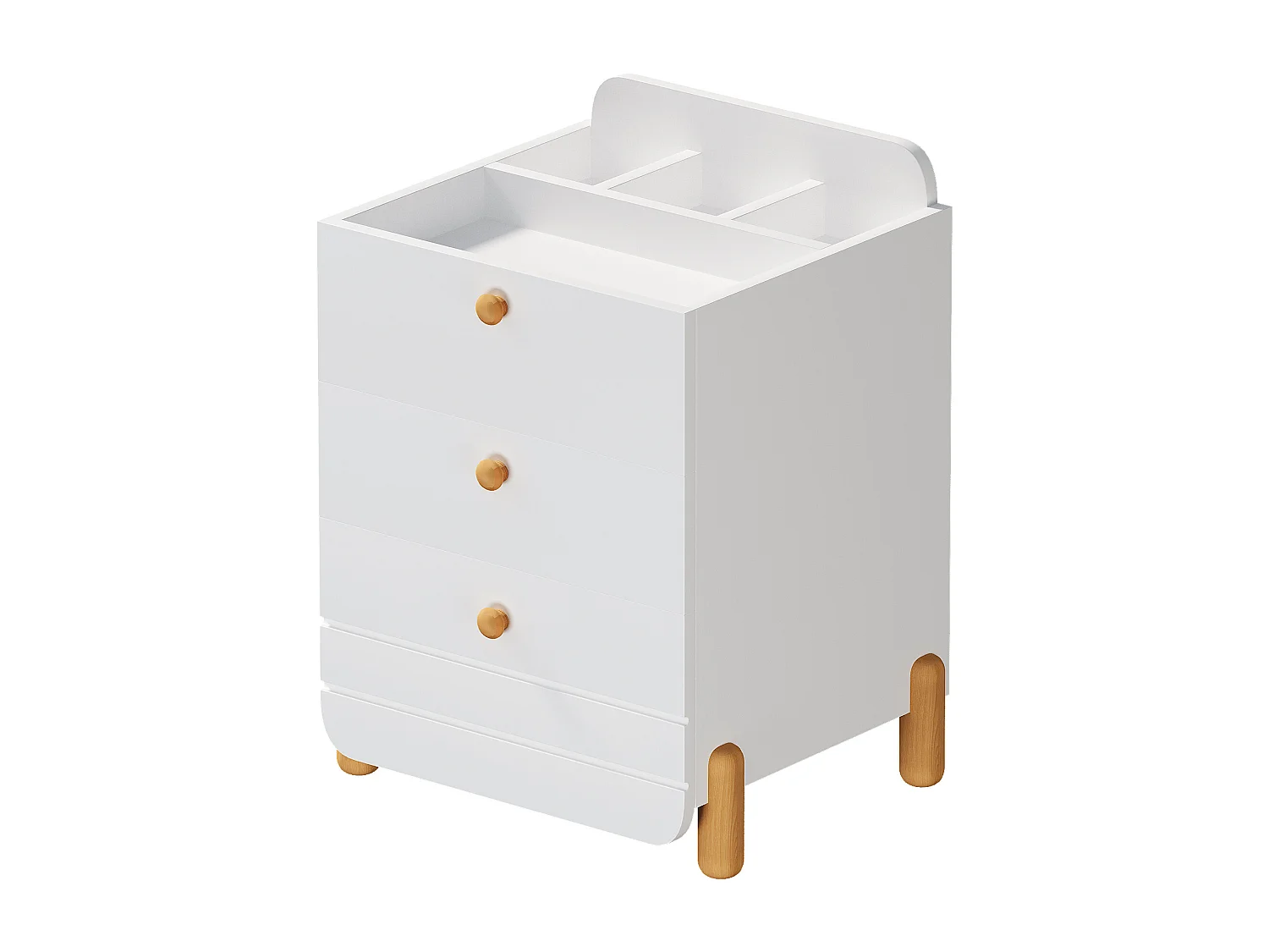 Table de chevet 3 tiroirs, design silencieux, pieds couleur bois, rangement, MDF, blanc (64x40x83cm)