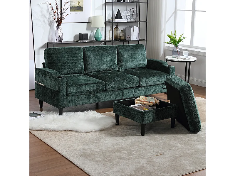 Divano angolare verde smeraldo - Divano con poggiapiedi e contenitore - portabicchieri e tasca portaoggetti