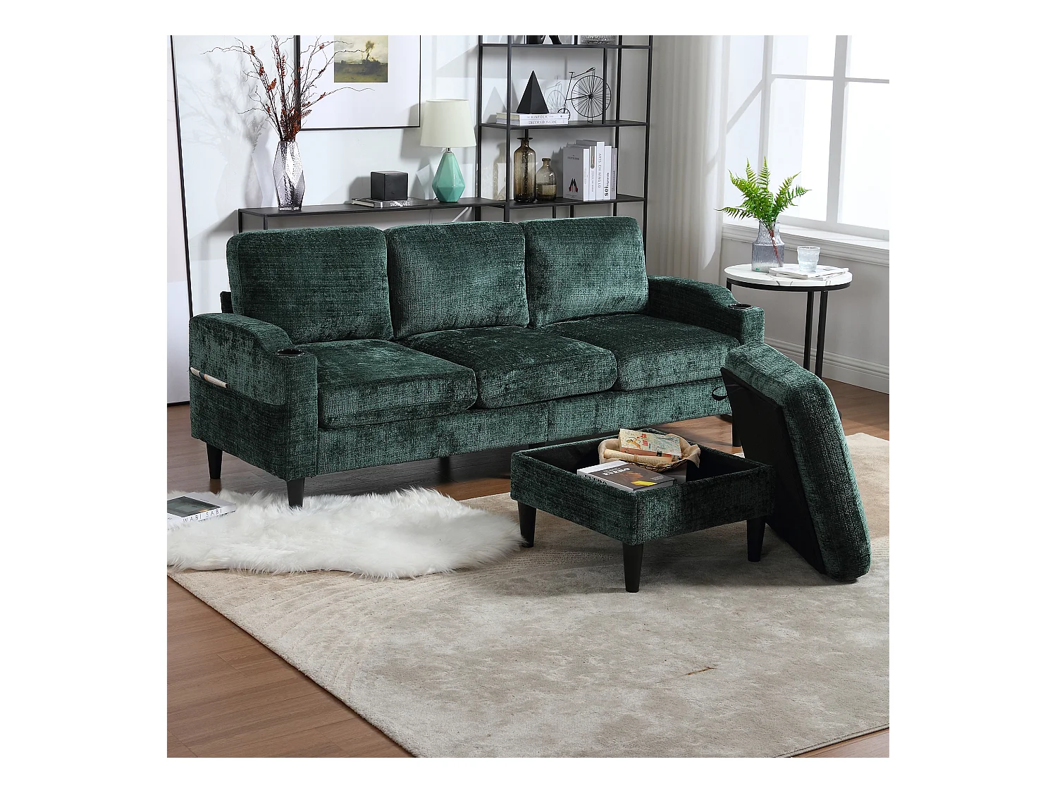 Canapé d'angle vert émeraude - Canapé avec repose-pieds et rangement - porte-gobelet et poche de rangement