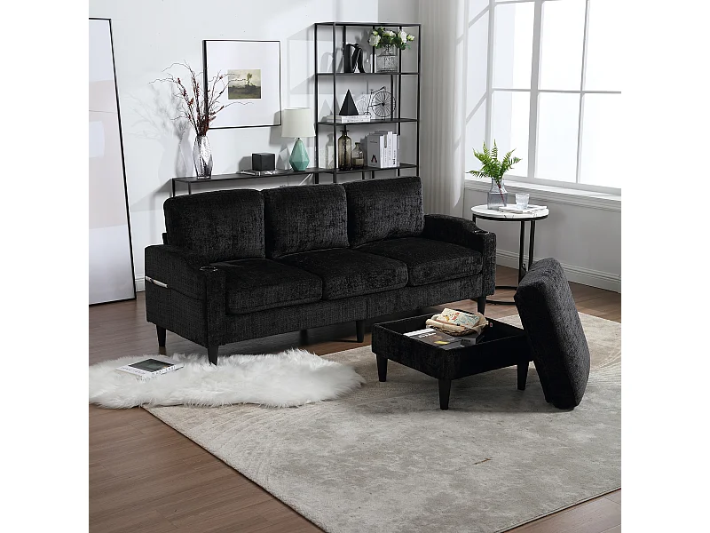 Sofá de canto preto - Sofá com pufe e compartimento para arrumação - Chenille - suporte para copos e compartimento para arrumação