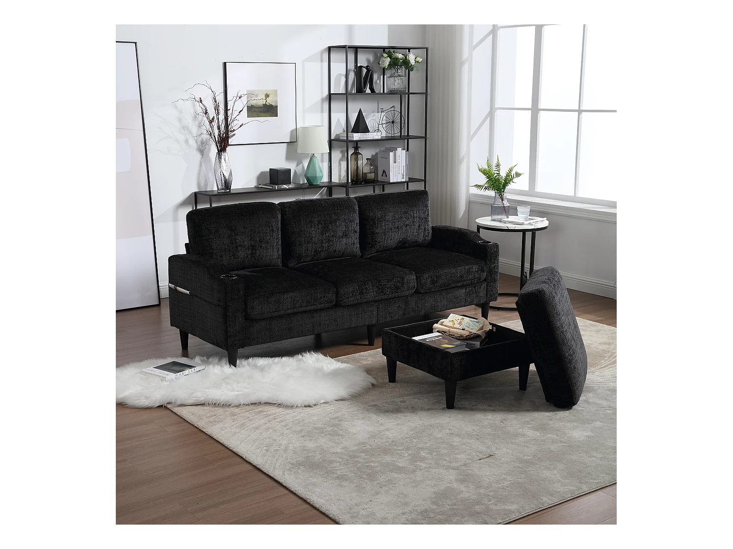 Canapé d'angle noir - Canapé avec repose-pieds et rangement - porte-gobelet et poche de rangement