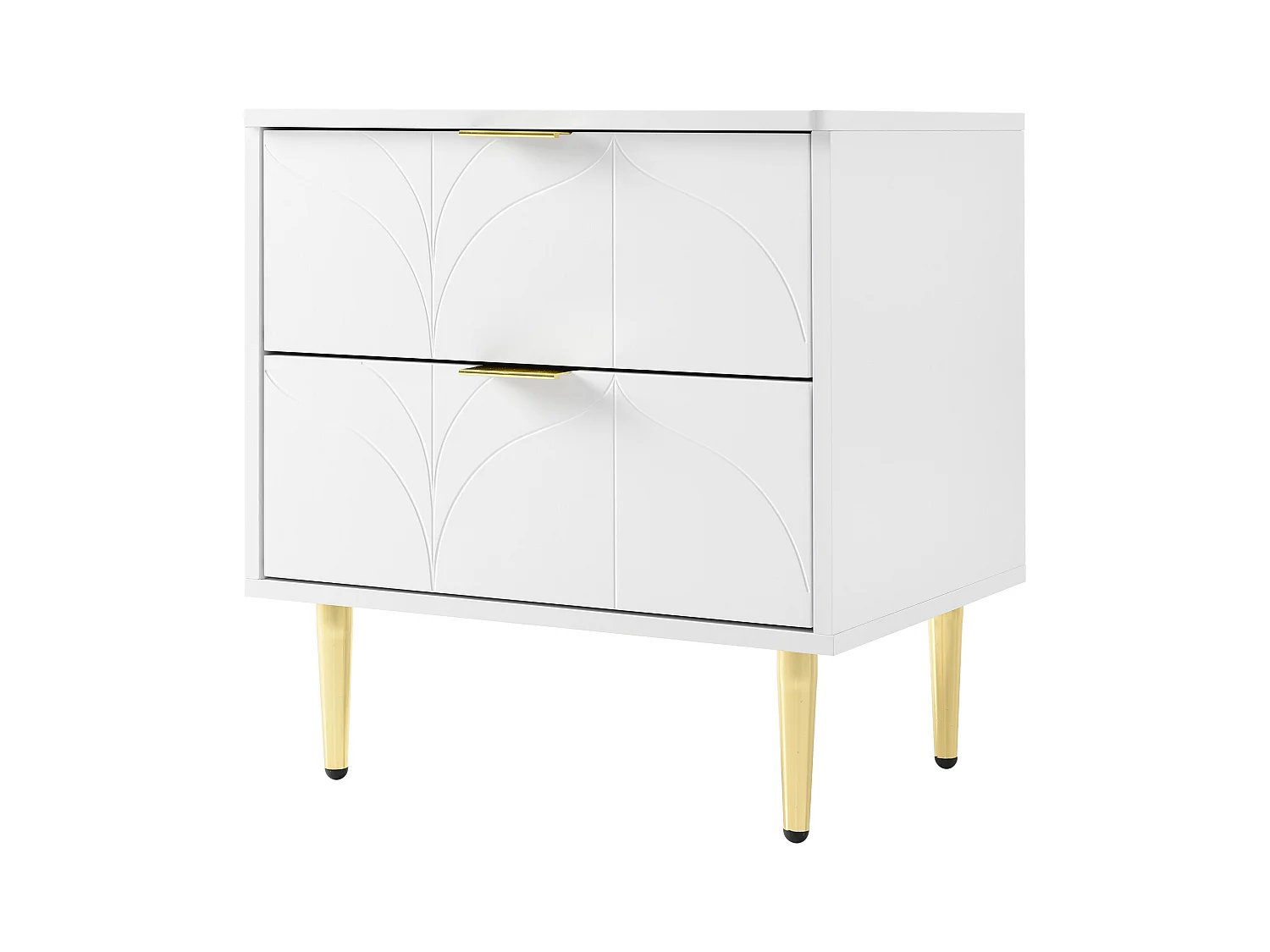 Modern nachtkastje, set van 2, gouden poten en knoppen, bloemenpatroon, 2 lades, gelakt, hoeken met schokbestendig design, wit (50x40x54cm)