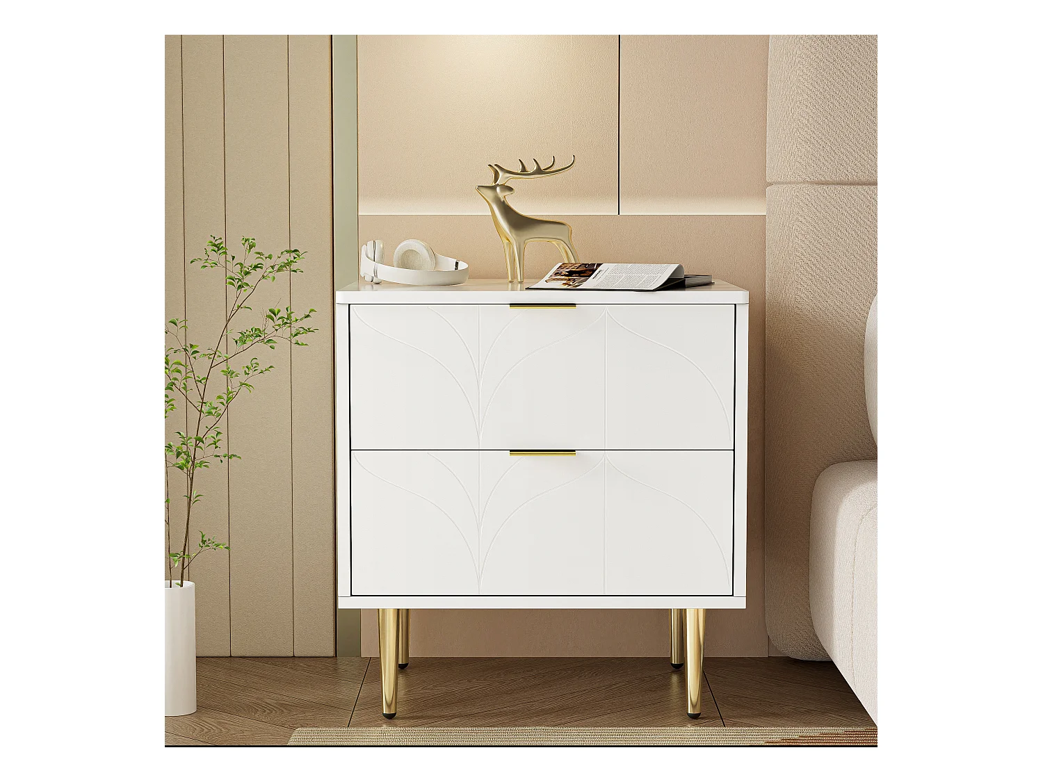 Modern nachtkastje, set van 2, gouden poten en knoppen, bloemenpatroon, 2 lades, gelakt, hoeken met schokbestendig design, wit (50x40x54cm)