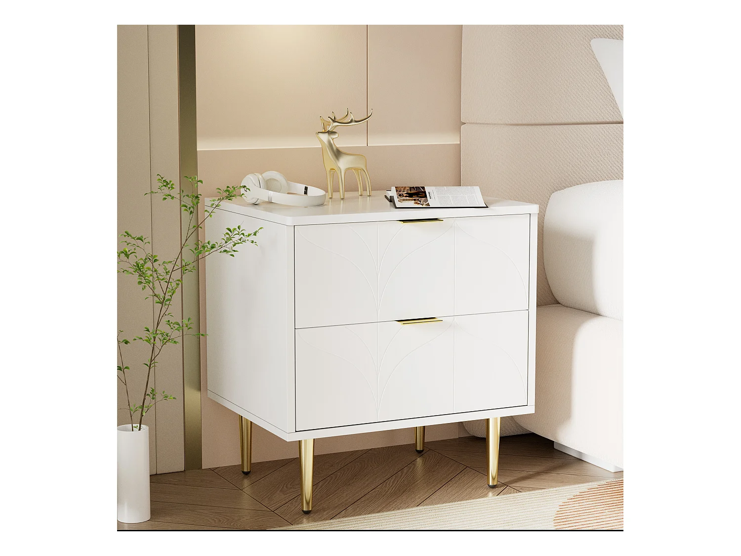 Modern nachtkastje, set van 2, gouden poten en knoppen, bloemenpatroon, 2 lades, gelakt, hoeken met schokbestendig design, wit (50x40x54cm)