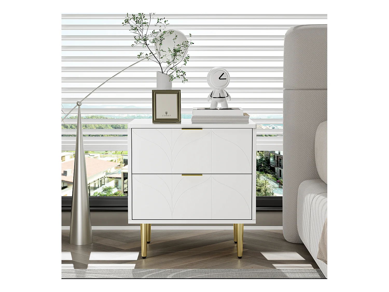 Modern nachtkastje, set van 2, gouden poten en knoppen, bloemenpatroon, 2 lades, gelakt, hoeken met schokbestendig design, wit (50x40x54cm)