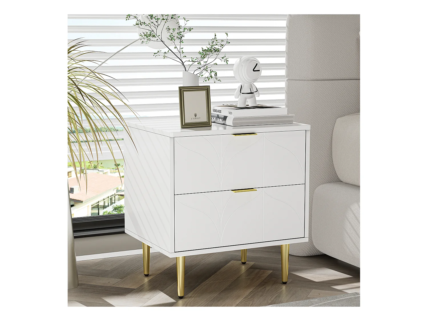 Modern nachtkastje, set van 2, gouden poten en knoppen, bloemenpatroon, 2 lades, gelakt, hoeken met schokbestendig design, wit (50x40x54cm)