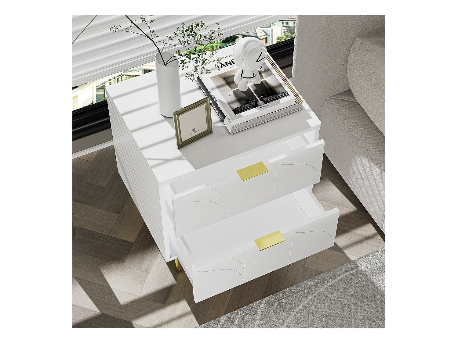 Modern nachtkastje, set van 2, gouden poten en knoppen, bloemenpatroon, 2 lades, gelakt, hoeken met schokbestendig design, wit (50x40x54cm)