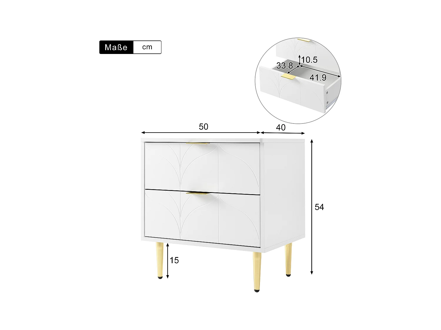 Modern nachtkastje, set van 2, gouden poten en knoppen, bloemenpatroon, 2 lades, gelakt, hoeken met schokbestendig design, wit (50x40x54cm)