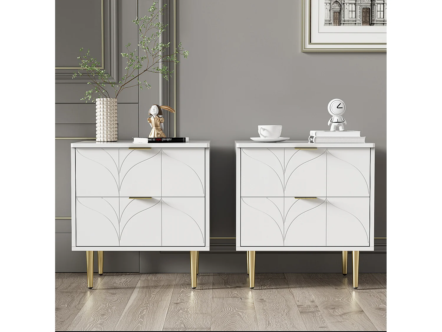 Table de chevet moderne, lot de 2, pieds et boutons dorés, motif floral, 2 tiroirs, laquée, coins avec design anti-chocs, blanc (50x40x54cm)