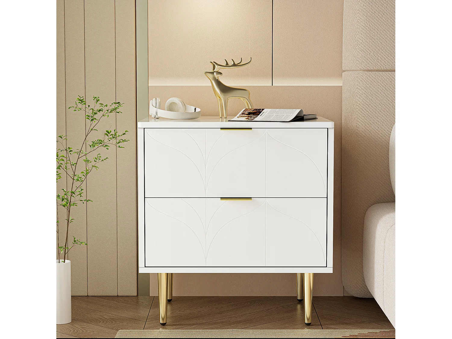 Table de chevet moderne, lot de 2, pieds et boutons dorés, motif floral, 2 tiroirs, laquée, coins avec design anti-chocs, blanc (50x40x54cm)