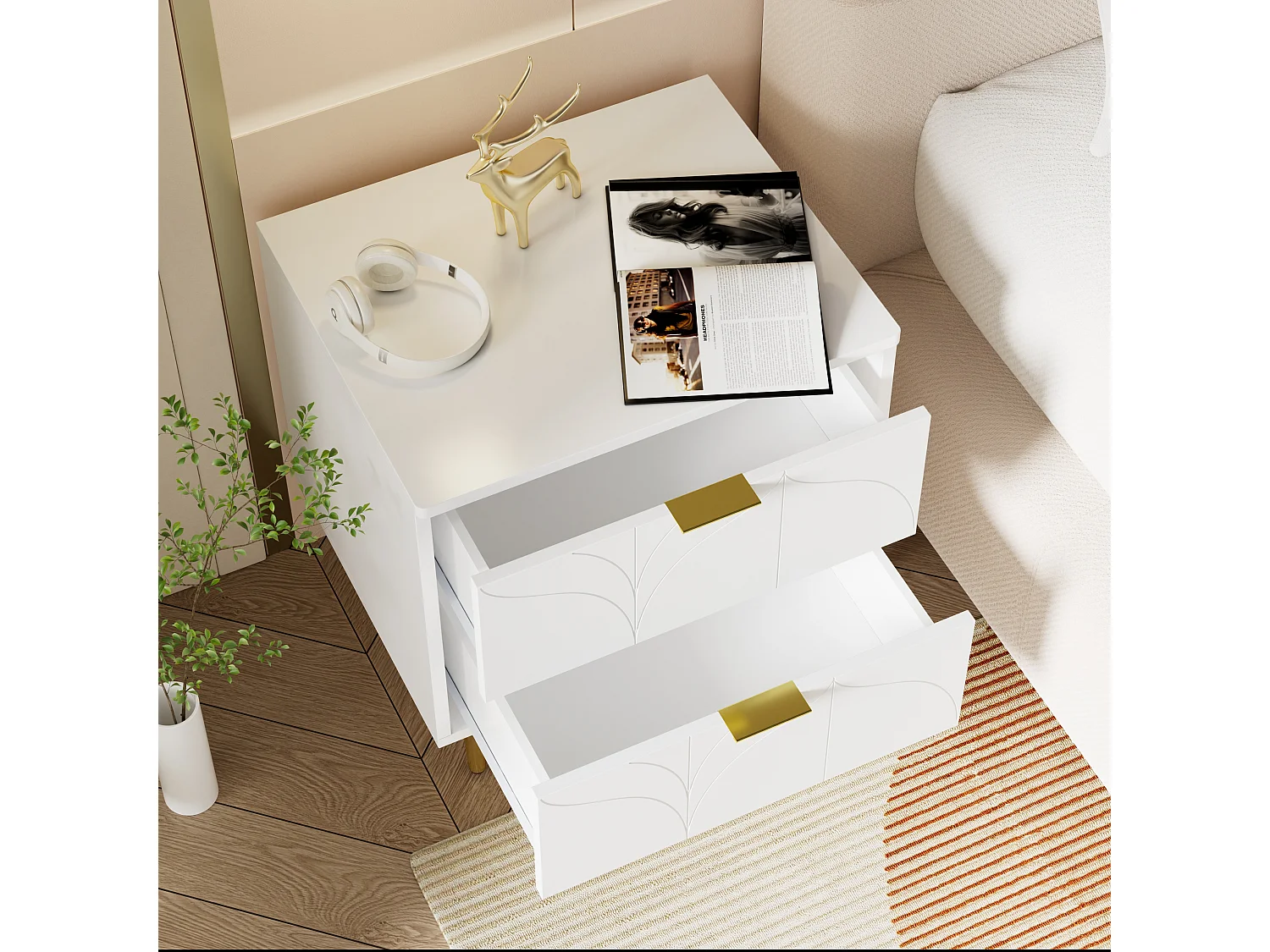 Table de chevet moderne, lot de 2, pieds et boutons dorés, motif floral, 2 tiroirs, laquée, coins avec design anti-chocs, blanc (50x40x54cm)