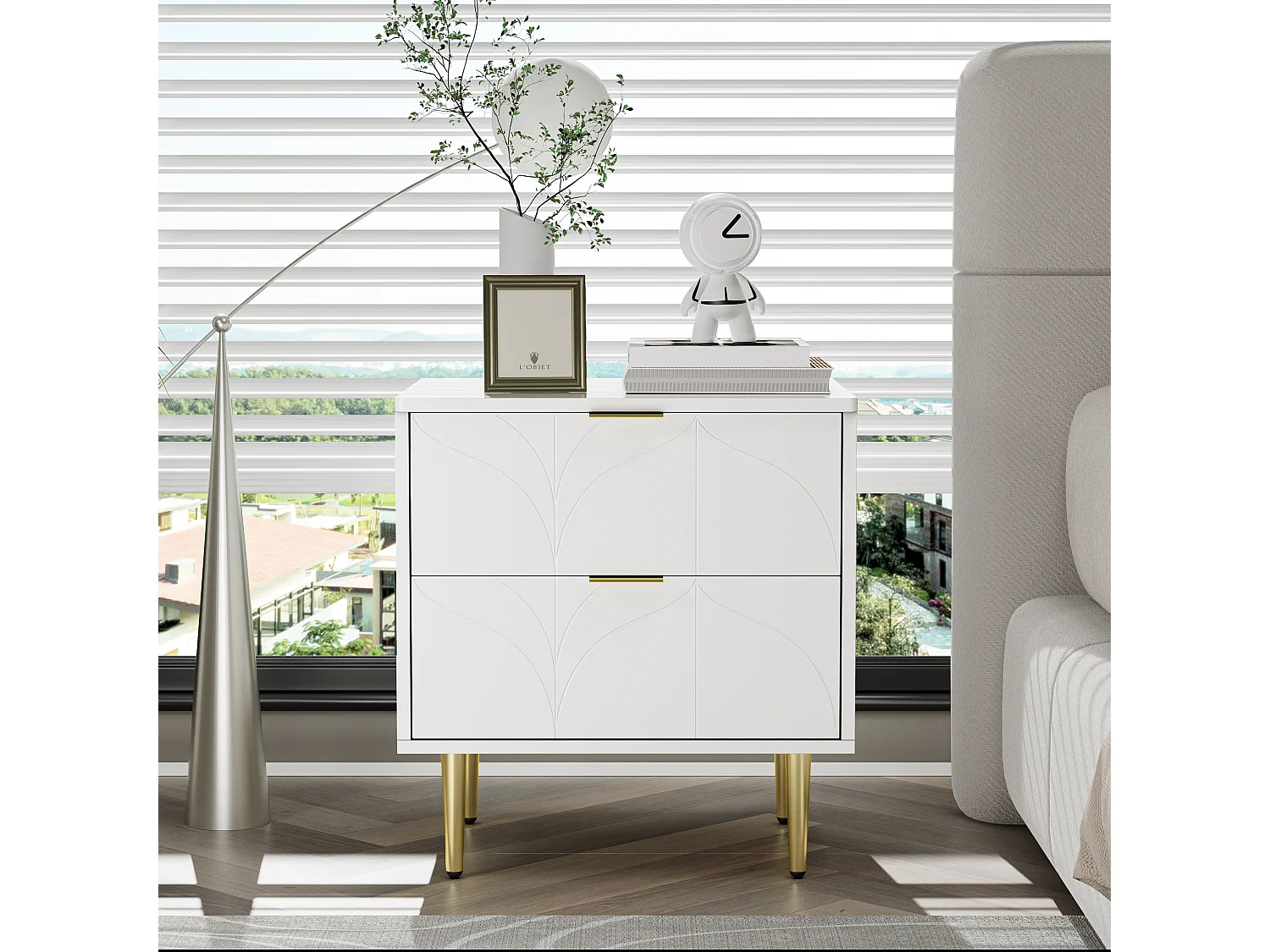 Table de chevet moderne, lot de 2, pieds et boutons dorés, motif floral, 2 tiroirs, laquée, coins avec design anti-chocs, blanc (50x40x54cm)