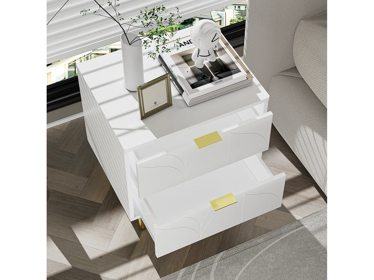 Table de chevet moderne, lot de 2, pieds et boutons dorés, motif floral, 2 tiroirs, laquée, coins avec design anti-chocs, blanc (50x40x54cm)