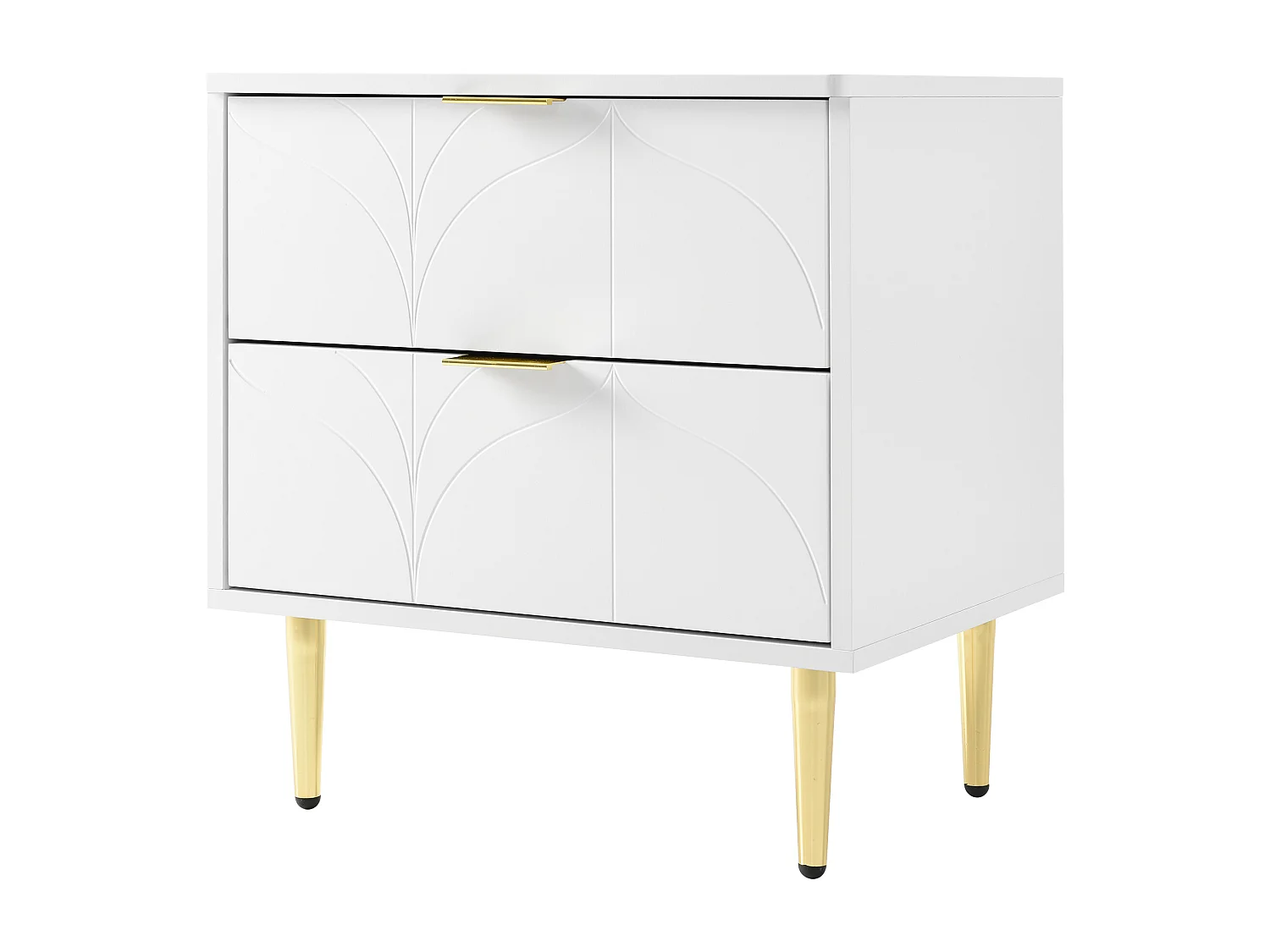 Table de chevet moderne, lot de 2, pieds et boutons dorés, motif floral, 2 tiroirs, laquée, coins avec design anti-chocs, blanc (50x40x54cm)