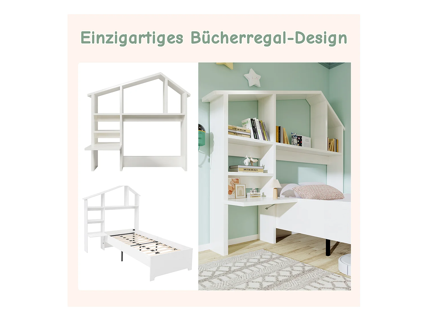 Mensola in legno con 2 cassetti, design semicircolare, comodino pieghevole, frontale in rattan, MDF, bianco (40x40x53cm)