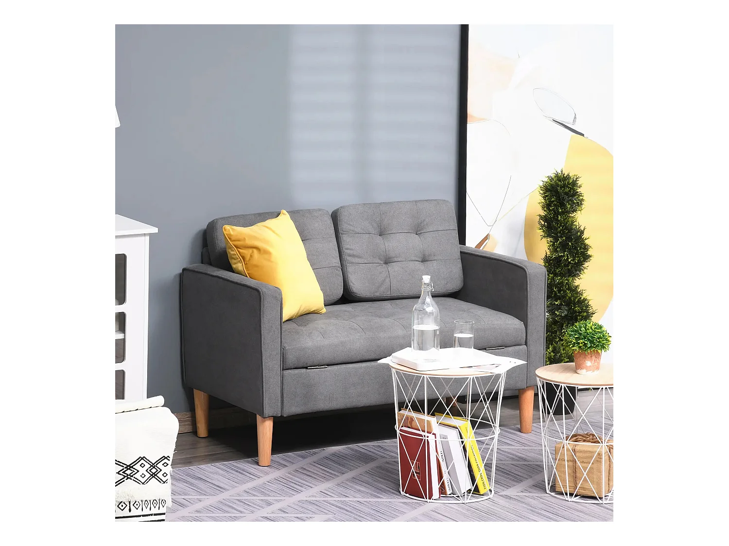 Sofá de 2 lugares cinza escuro - Sofá com compartimento de arrumação e almofadas - para sala de estar e quarto