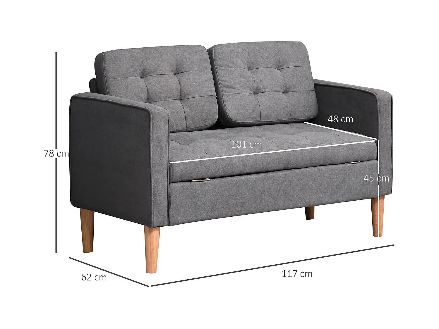 Sofá de 2 lugares cinza escuro - Sofá com compartimento de arrumação e almofadas - para sala de estar e quarto