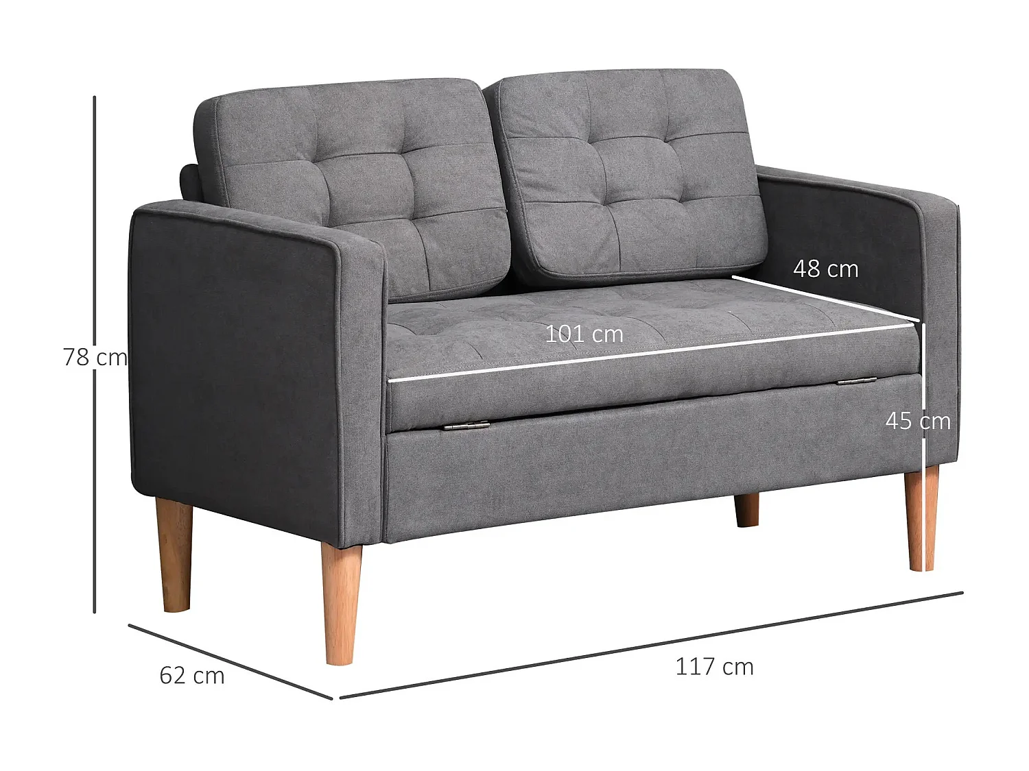 Canapé 2 places gris foncé - Canapé avec rangement et coussins - pour salon et chambre