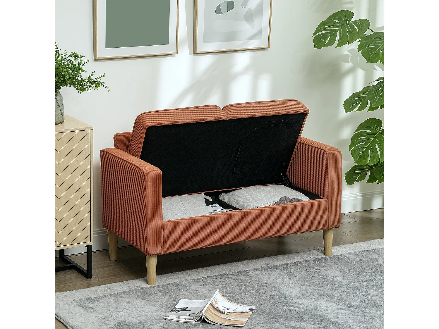 Pomarańczowa sofa 2-osobowa - Sofa z podłokietnikami i schowkiem - do salonu i sypialni