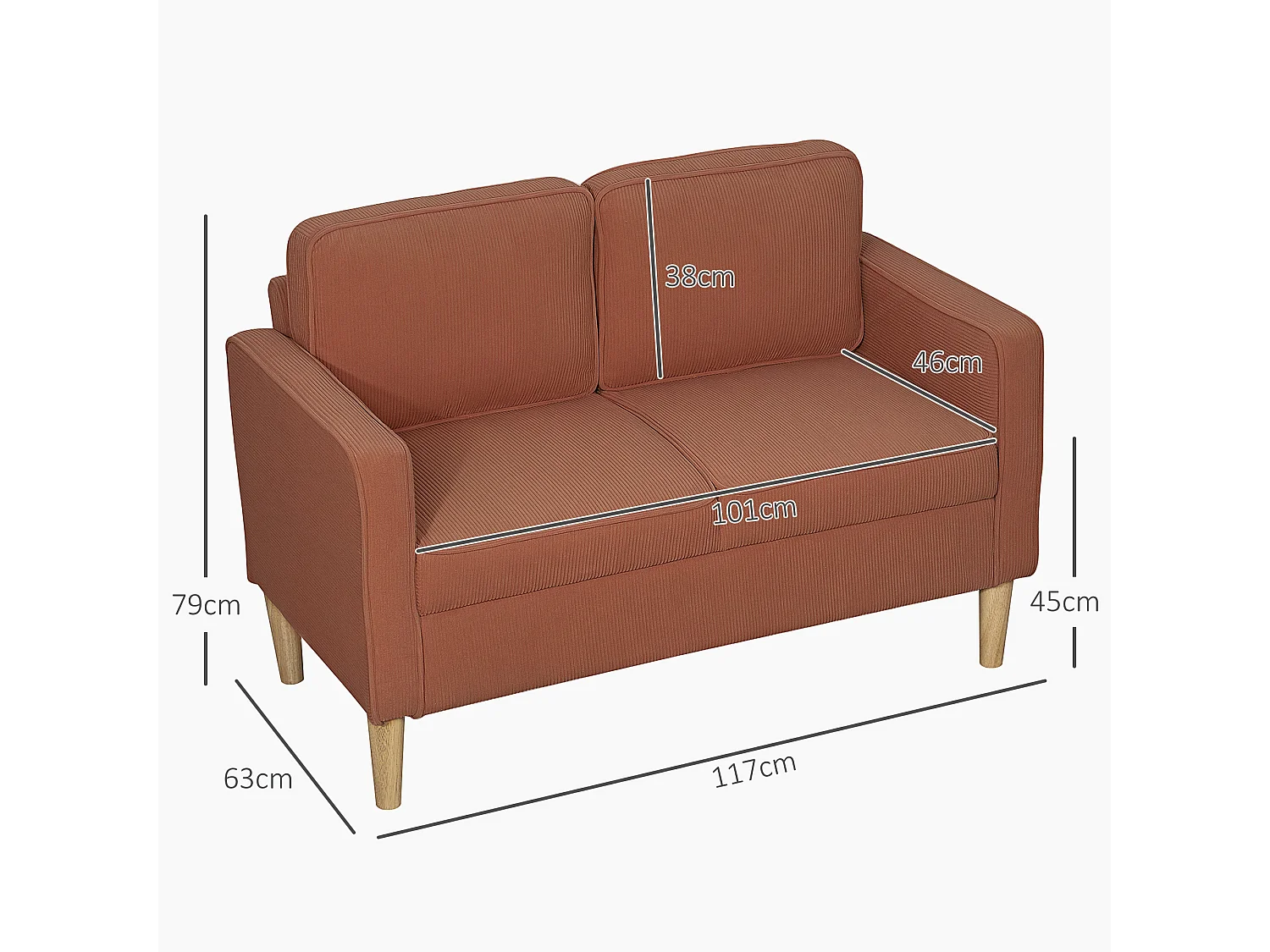 Pomarańczowa sofa 2-osobowa - Sofa z podłokietnikami i schowkiem - do salonu i sypialni