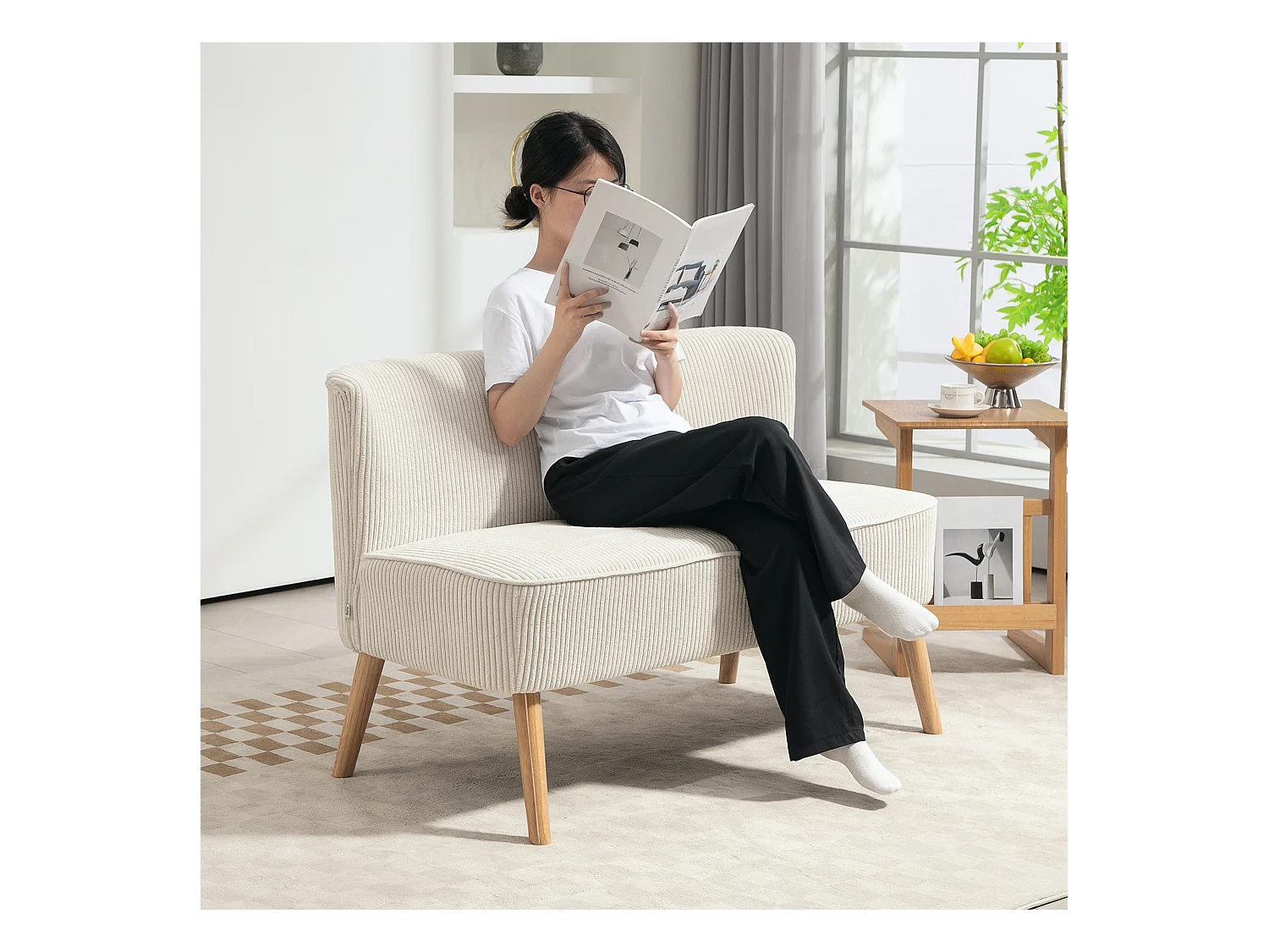 Sofá blanco de 2 plazas - Sofá con patas de madera y aspecto de pana - para el salón