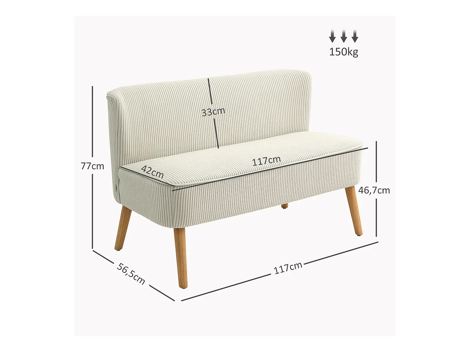 Biała sofa 2-osobowa - Sofa z drewnianymi nogami i sztruksowym wykończeniem - do salonu