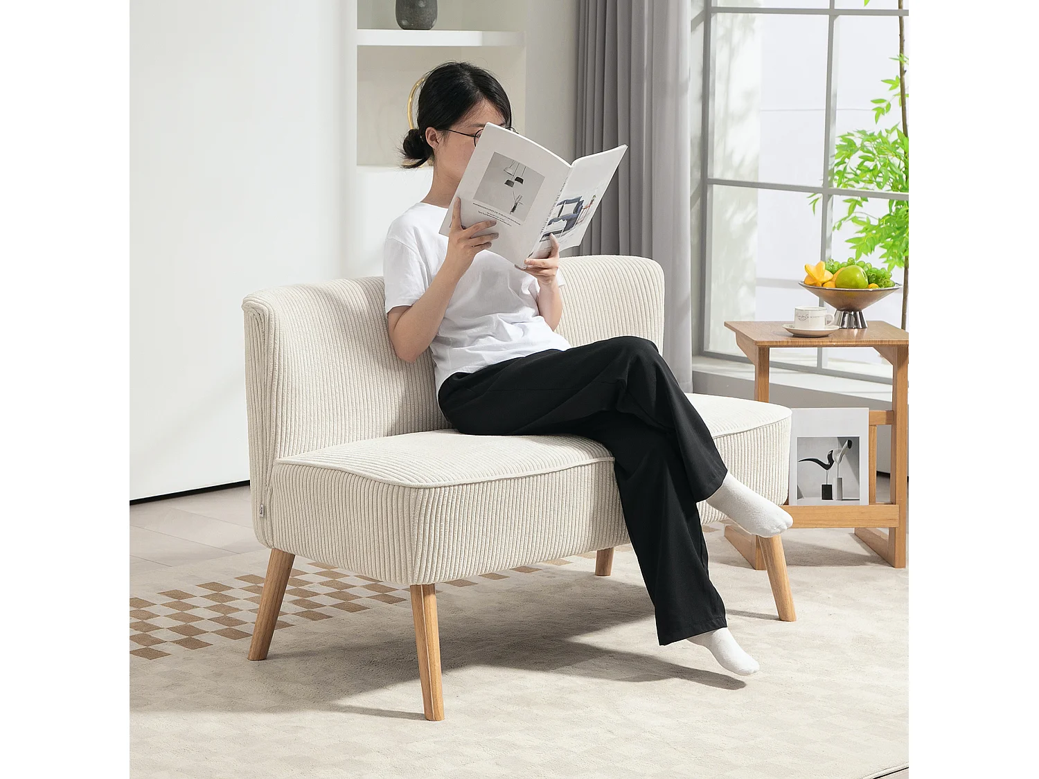 Canapé 2 places blanc - Canapé avec pieds en bois et aspect velours côtelé - pour le salon