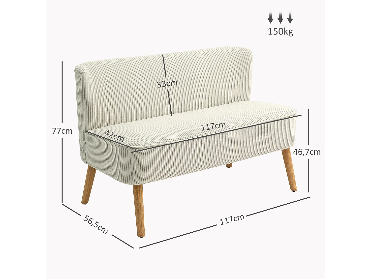 Canapé 2 places blanc - Canapé avec pieds en bois et aspect velours côtelé - pour le salon