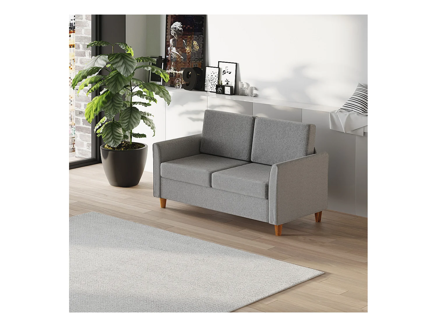 Szara sofa 2-osobowa - Sofa ze zdejmowanymi poduszkami i podłokietnikami - do salonu