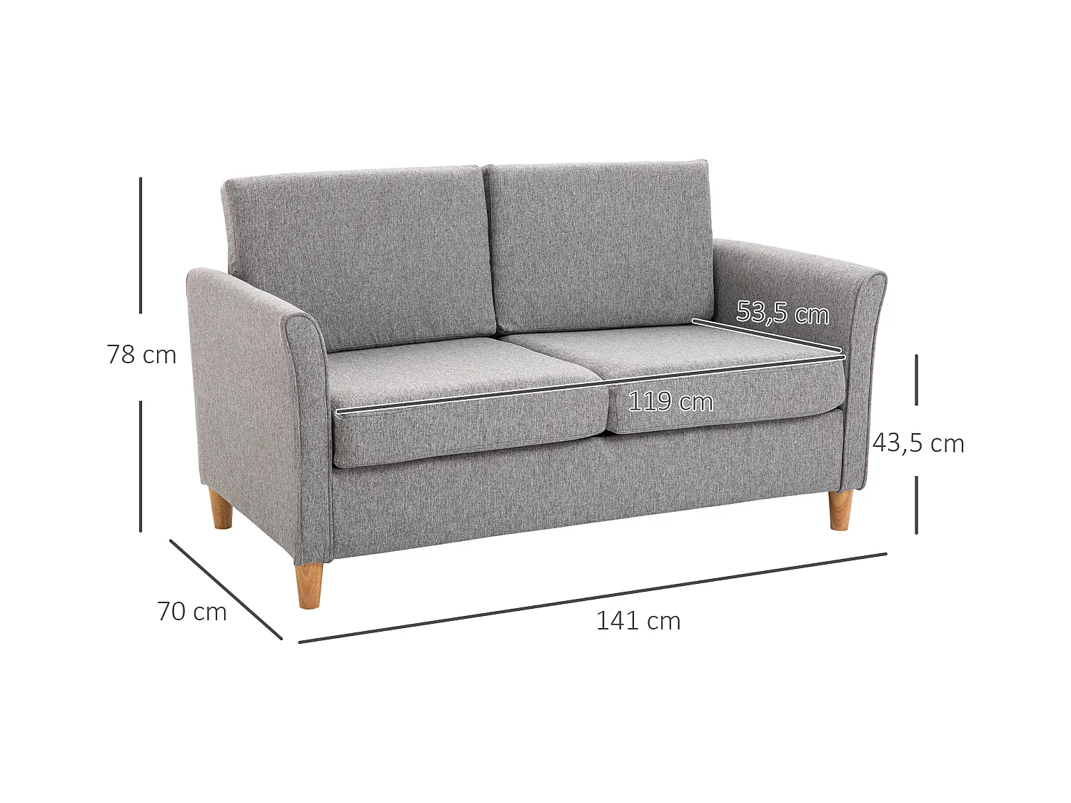 Szara sofa 2-osobowa - Sofa ze zdejmowanymi poduszkami i podłokietnikami - do salonu