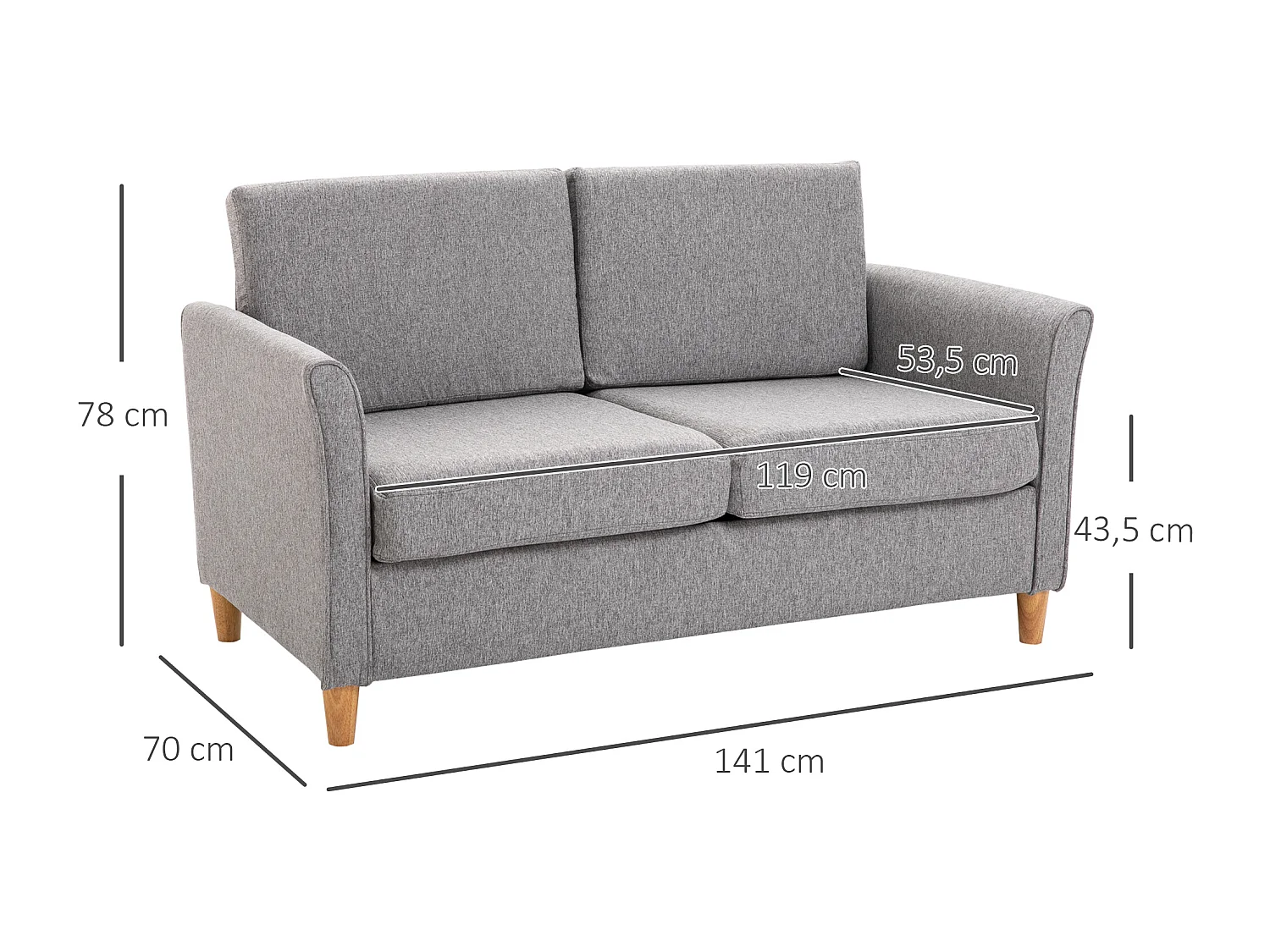 Divano 2 posti grigio - Divano con cuscini e braccioli sfoderabili - soggiorno per