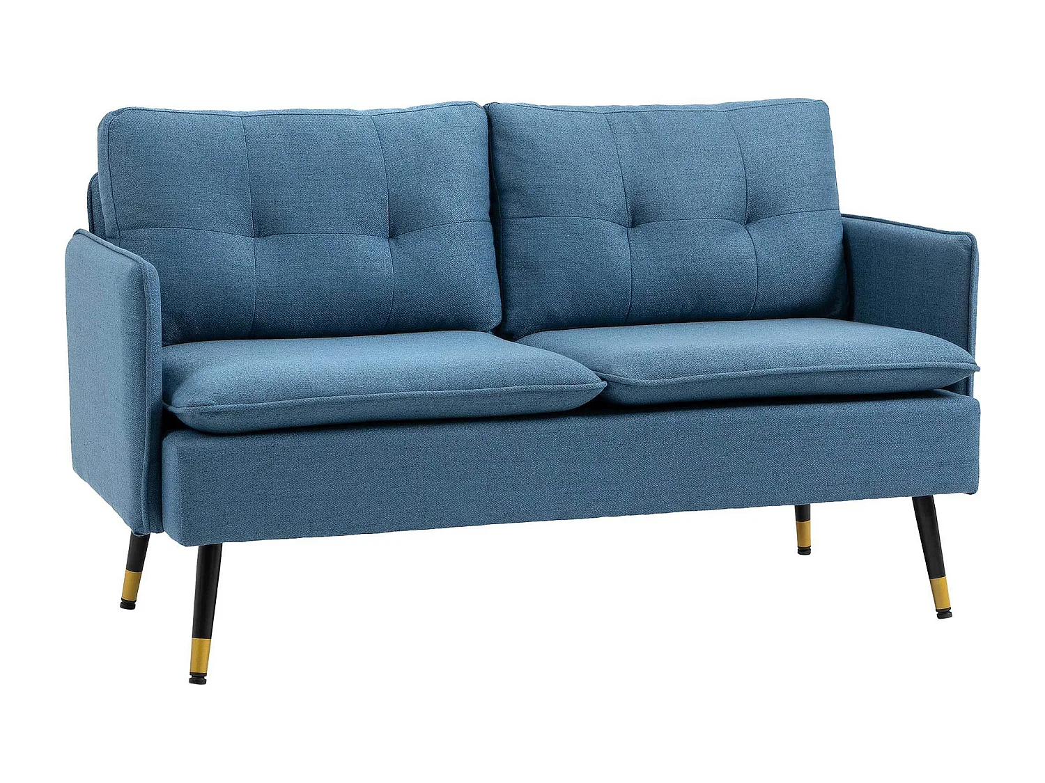 Niebieska sofa 2-osobowa - Sofa ze stalowymi nogami i poduszkami - do salonu i sypialni