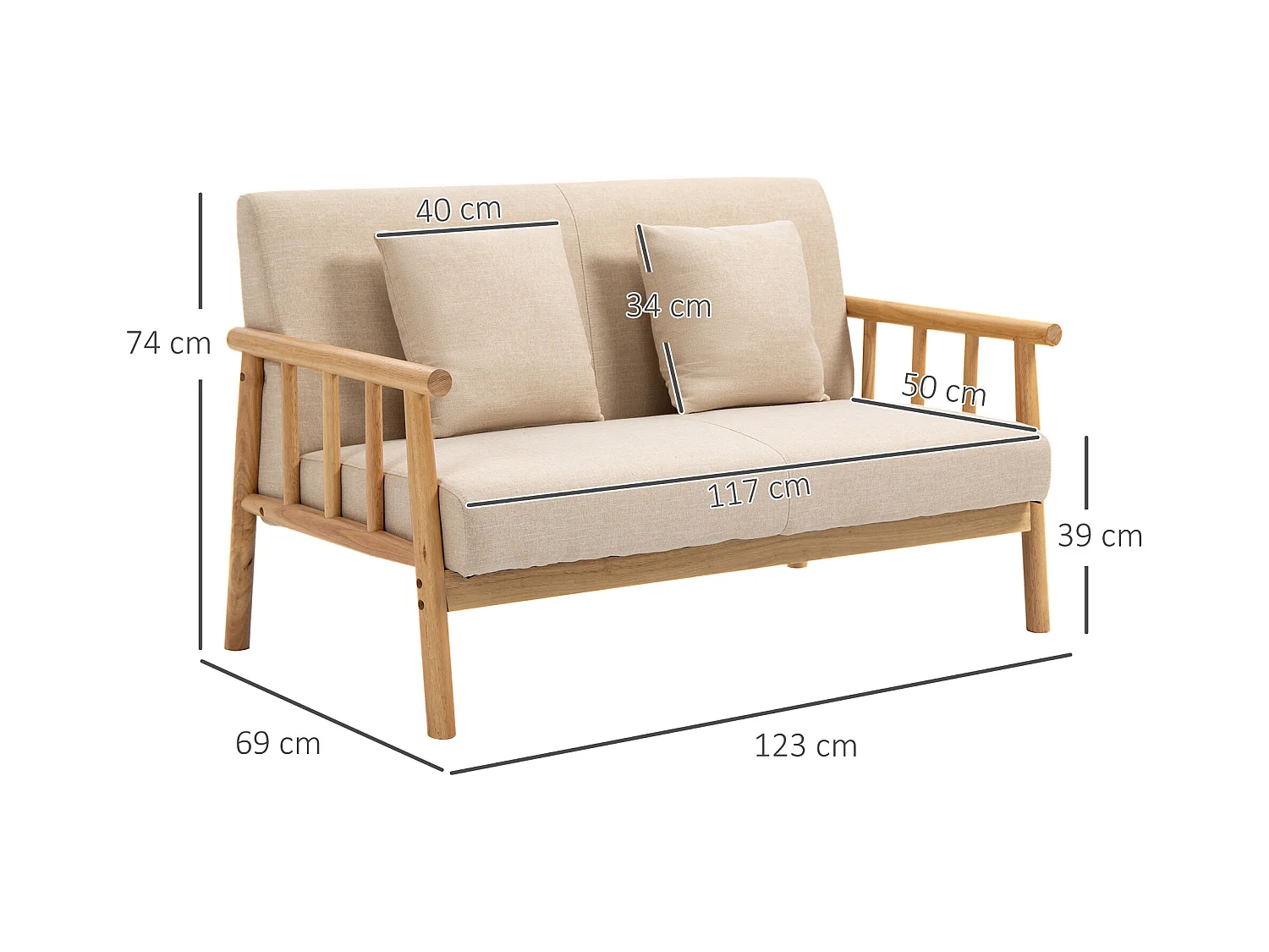 Beżowa sofa 2-osobowa - Sofa z podłokietnikami i poduszkami - do sypialni i salonu