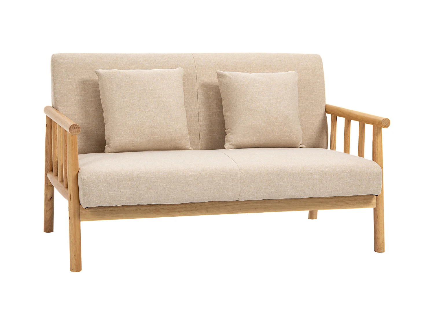 Beżowa sofa 2-osobowa - Sofa z podłokietnikami i poduszkami - do sypialni i salonu