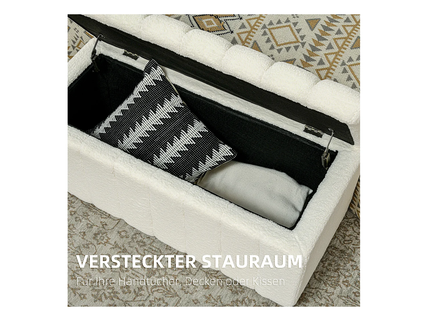 Gestoffeerde opbergbank, crèmekleurig polyester, houten poten, met opbergvak (102x45x46cm)