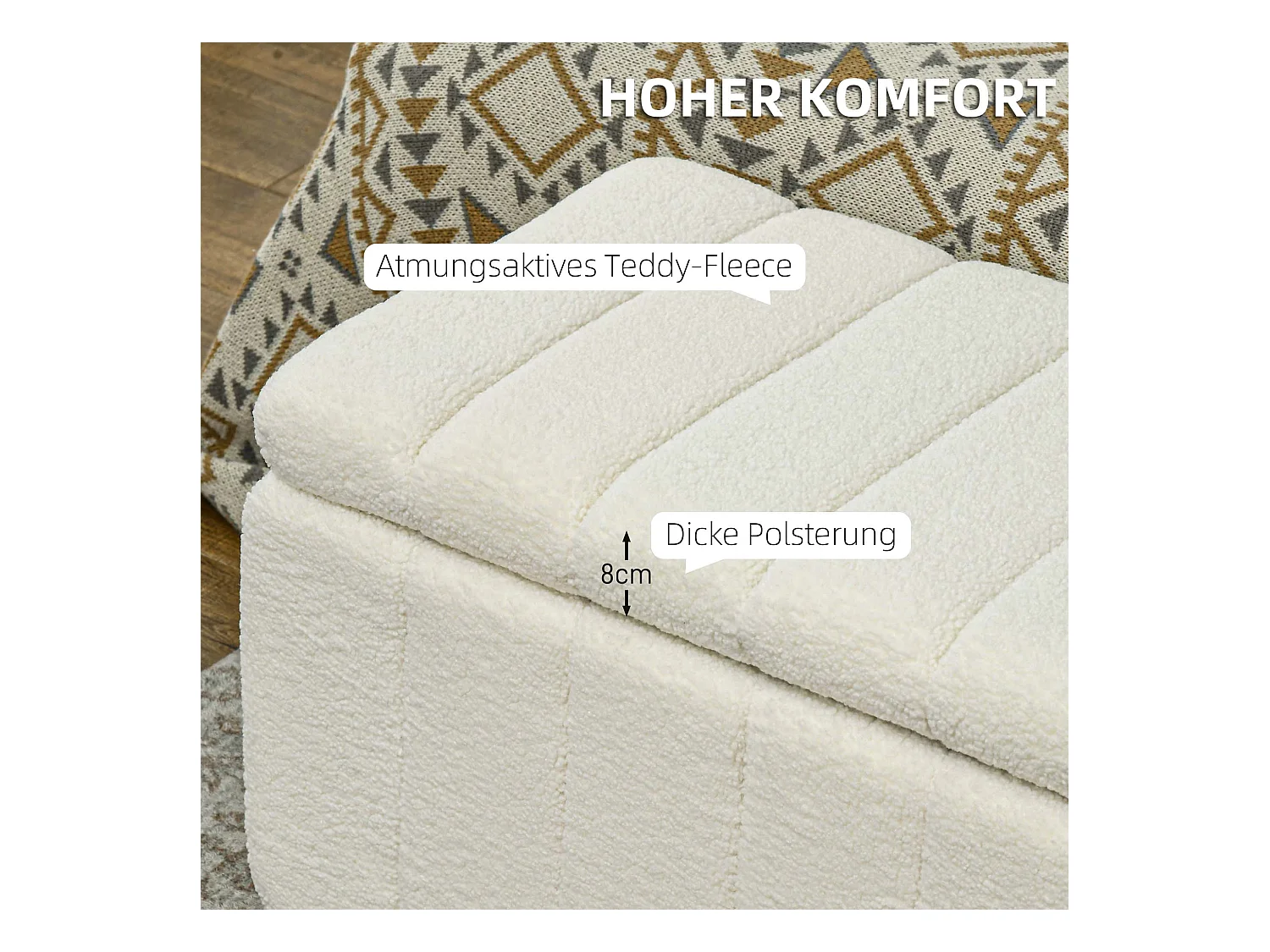 Gestoffeerde opbergbank, crèmekleurig polyester, houten poten, met opbergvak (102x45x46cm)