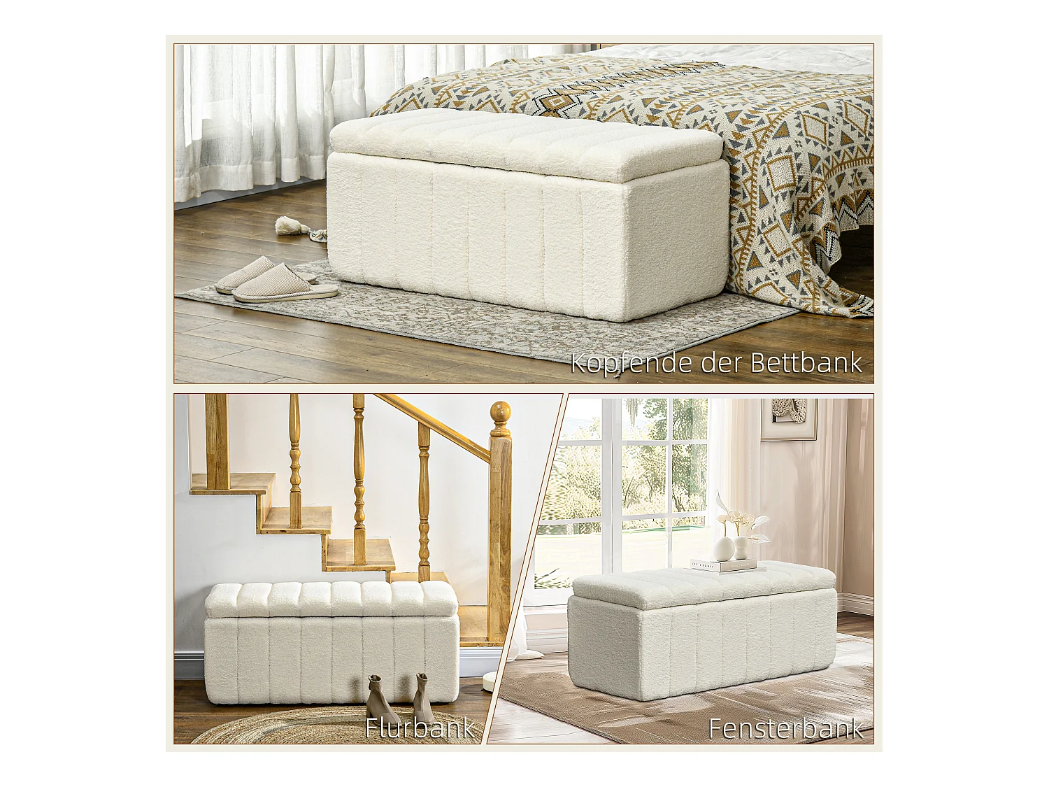 Banc de rangement rembourré, polyester crème, pieds en bois, avec compartiment de stockage (102x45x46cm)