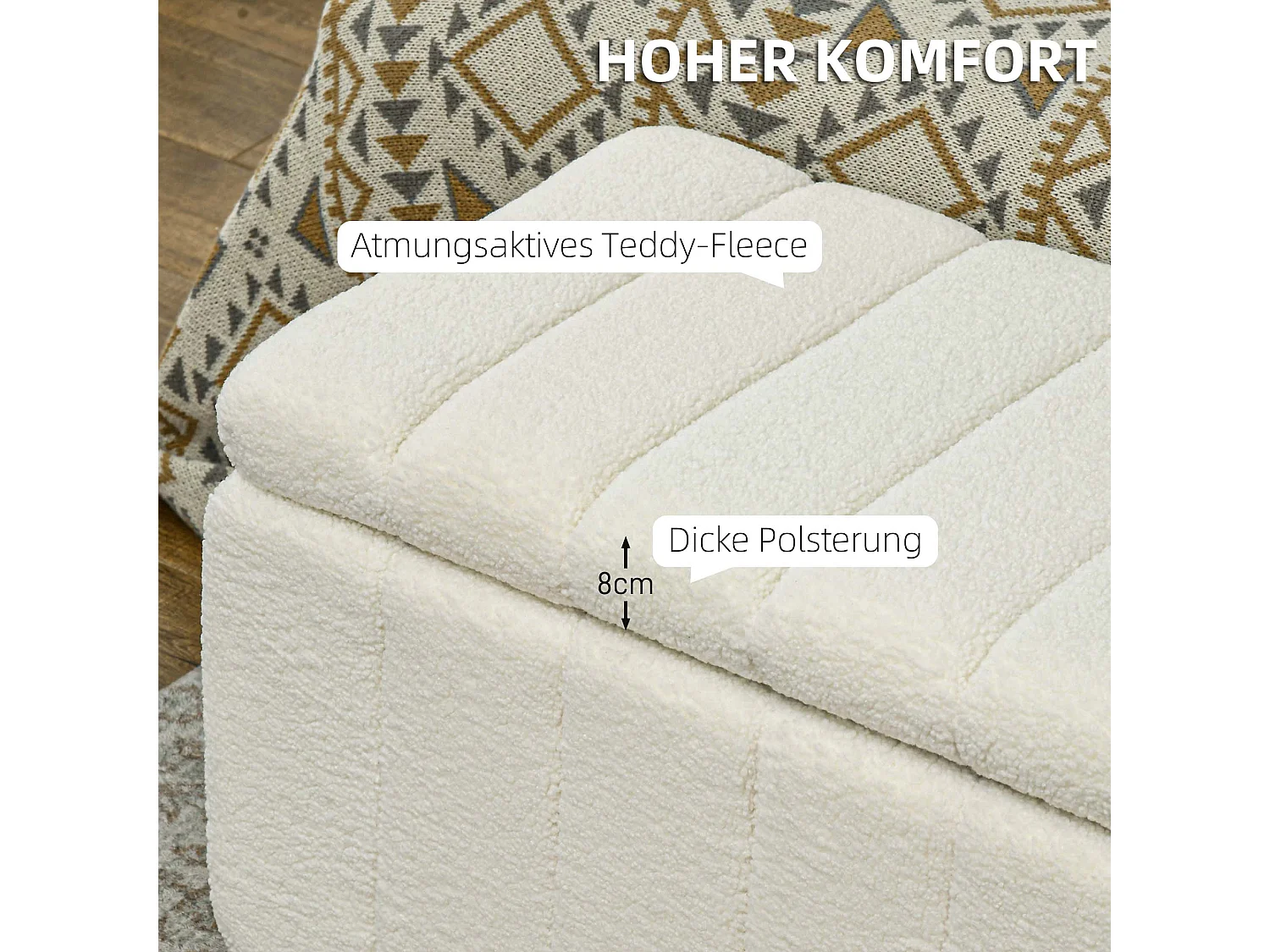 Banc de rangement rembourré, polyester crème, pieds en bois, avec compartiment de stockage (102x45x46cm)