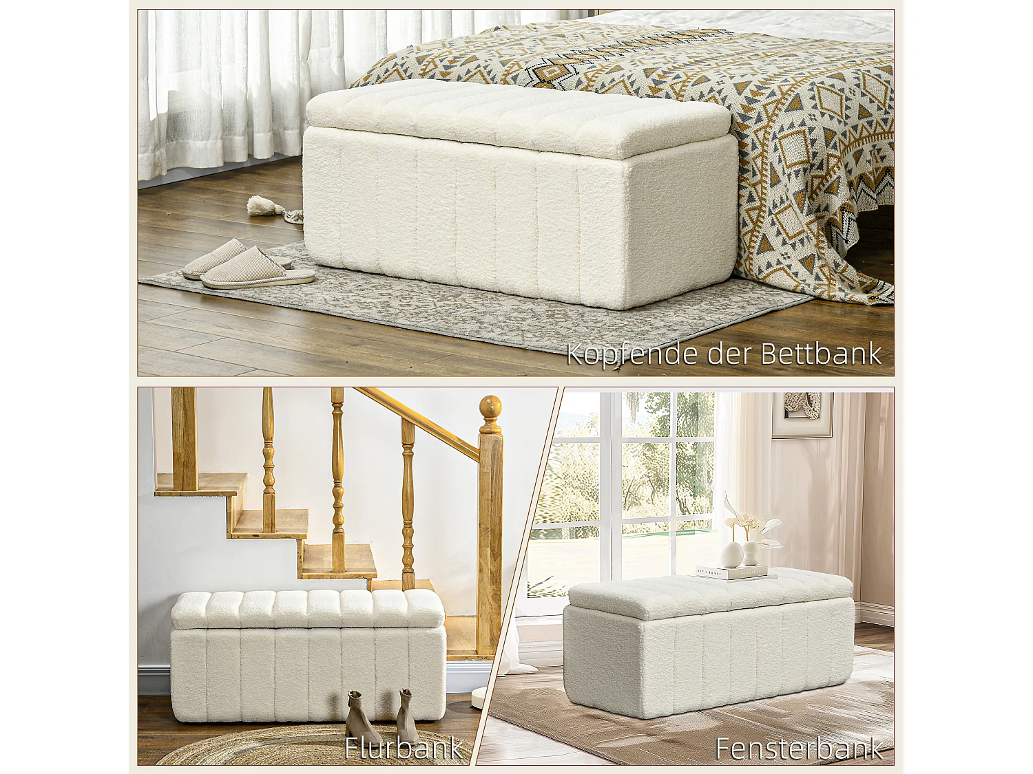 Banc de rangement rembourré, polyester crème, pieds en bois, avec compartiment de stockage (102x45x46cm)