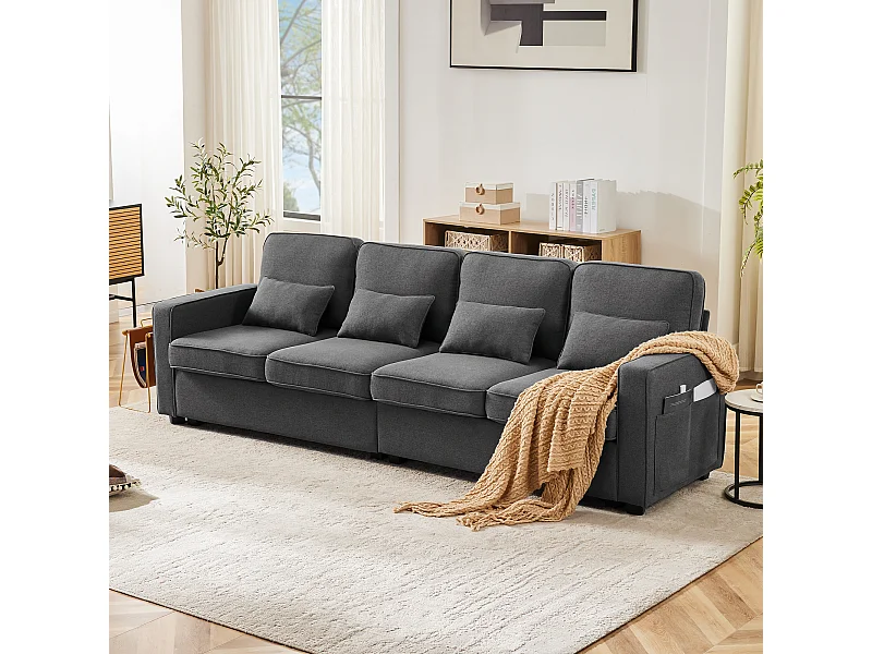 Sofa 4-osobowa z podłokietnikami i 4 poduszki - ciemnoszary len - do salonów i biur