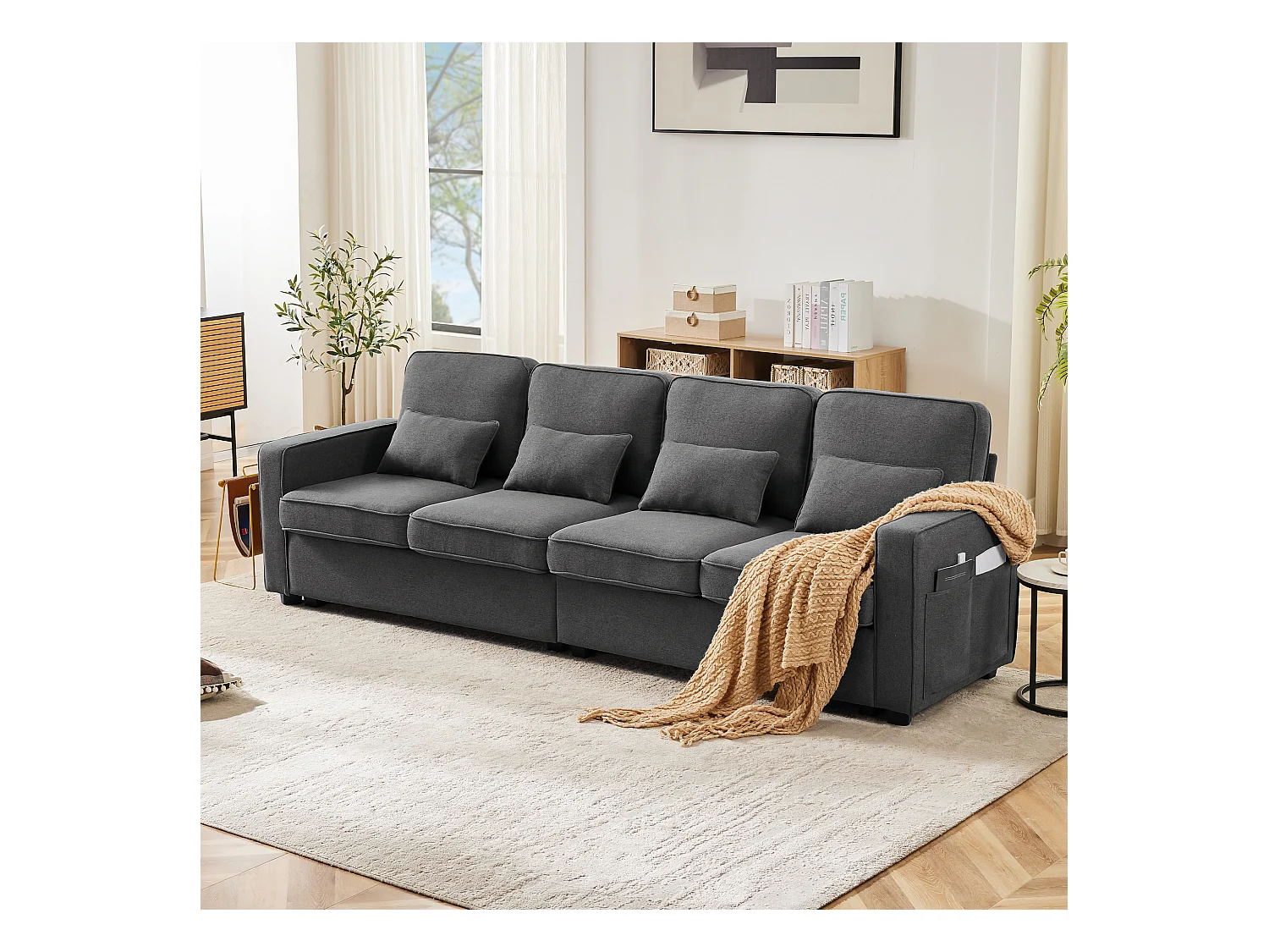 Canapé 4 places - Canapé avec accoudoirs et 4 coussins - lin gris foncé - pour salons et bureaux