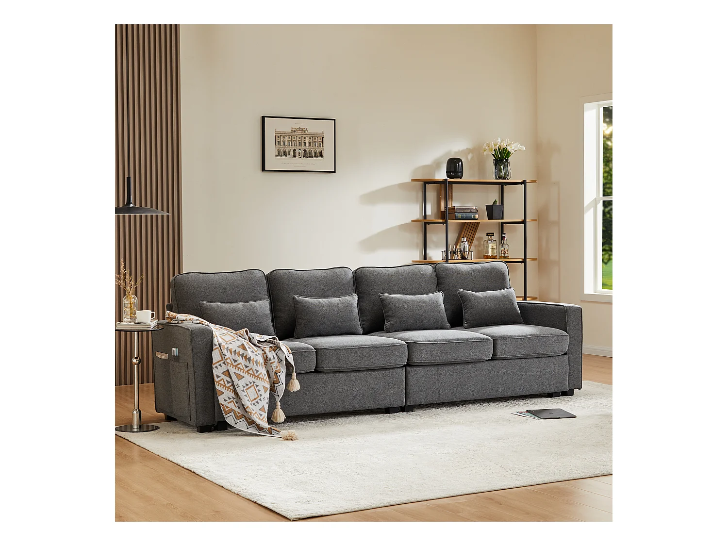 Canapé 4 places - Canapé avec accoudoirs et 4 coussins - lin gris foncé - pour salons et bureaux