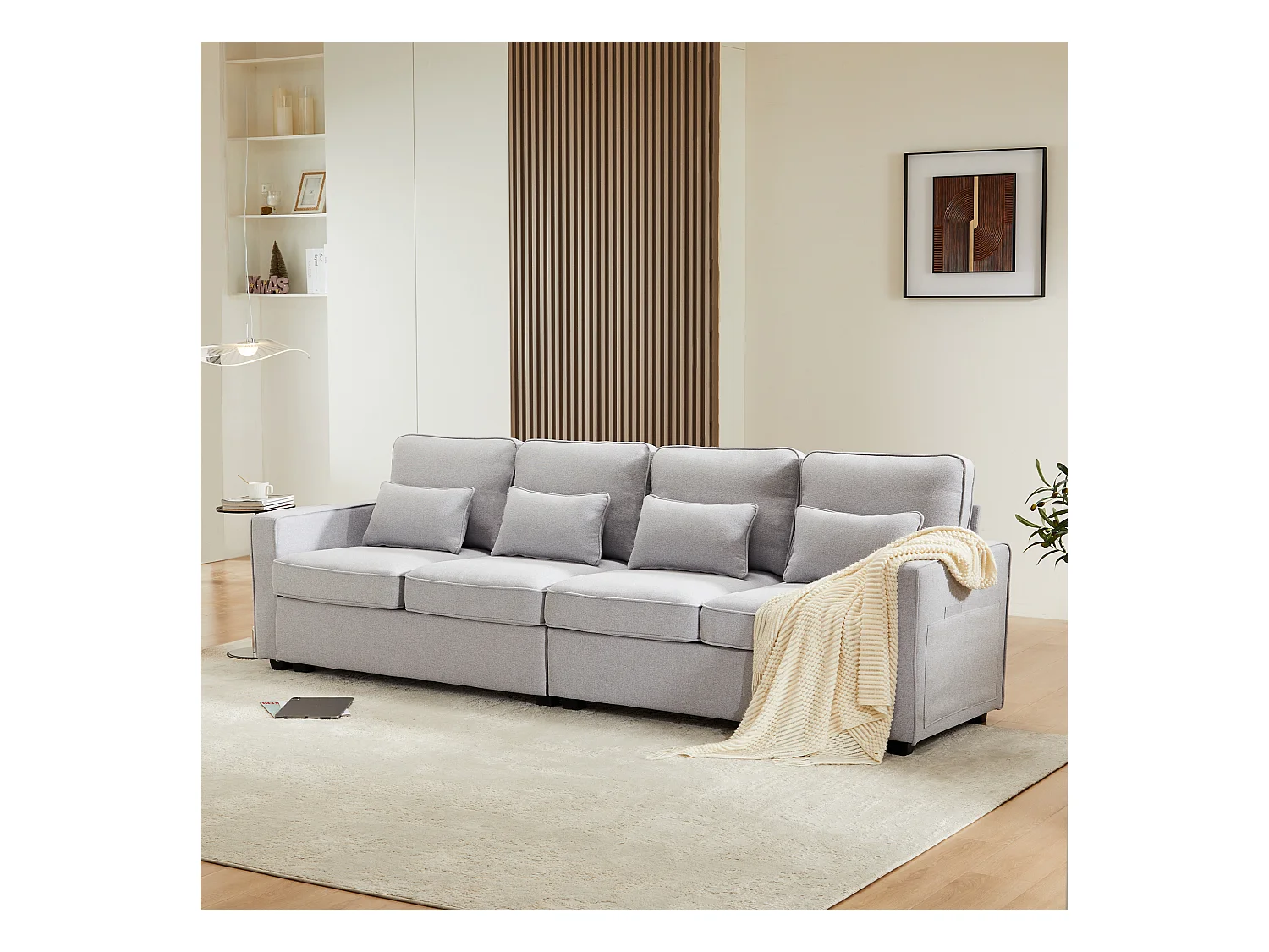 Canapé 4 places - Canapé avec accoudoirs et 4 coussins - lin gris clair - pour salons et bureaux