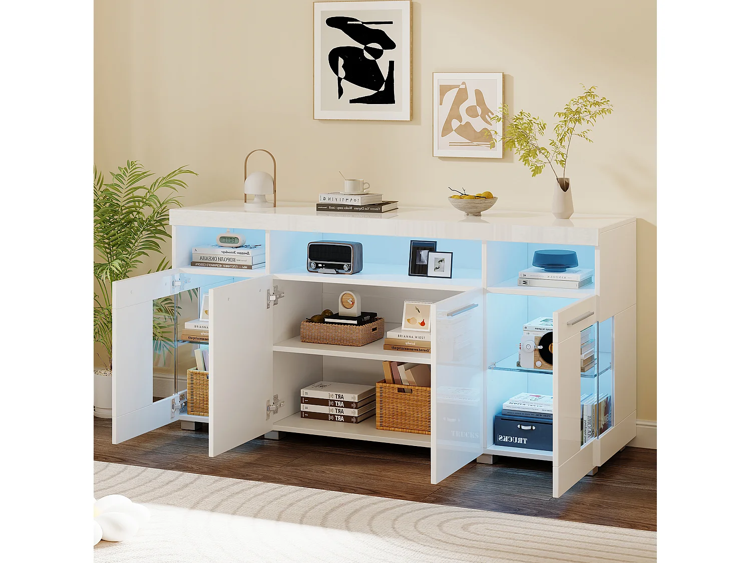 Meuble d'appoint blanc laqué avec éclairage LED, vitrine avec portes en verre, 3 tiroirs, 140x40x70 cm