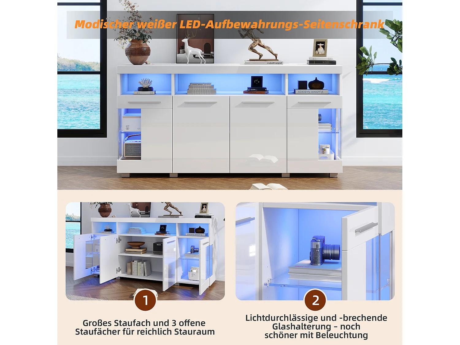 Meuble d'appoint blanc laqué avec éclairage LED, vitrine avec portes en verre, 3 tiroirs, 140x40x70 cm