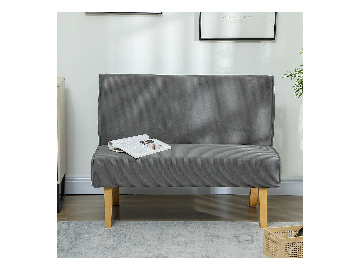 Canapé droit gris - Canapé avec dossier et pieds en bois - pour chambre et salon